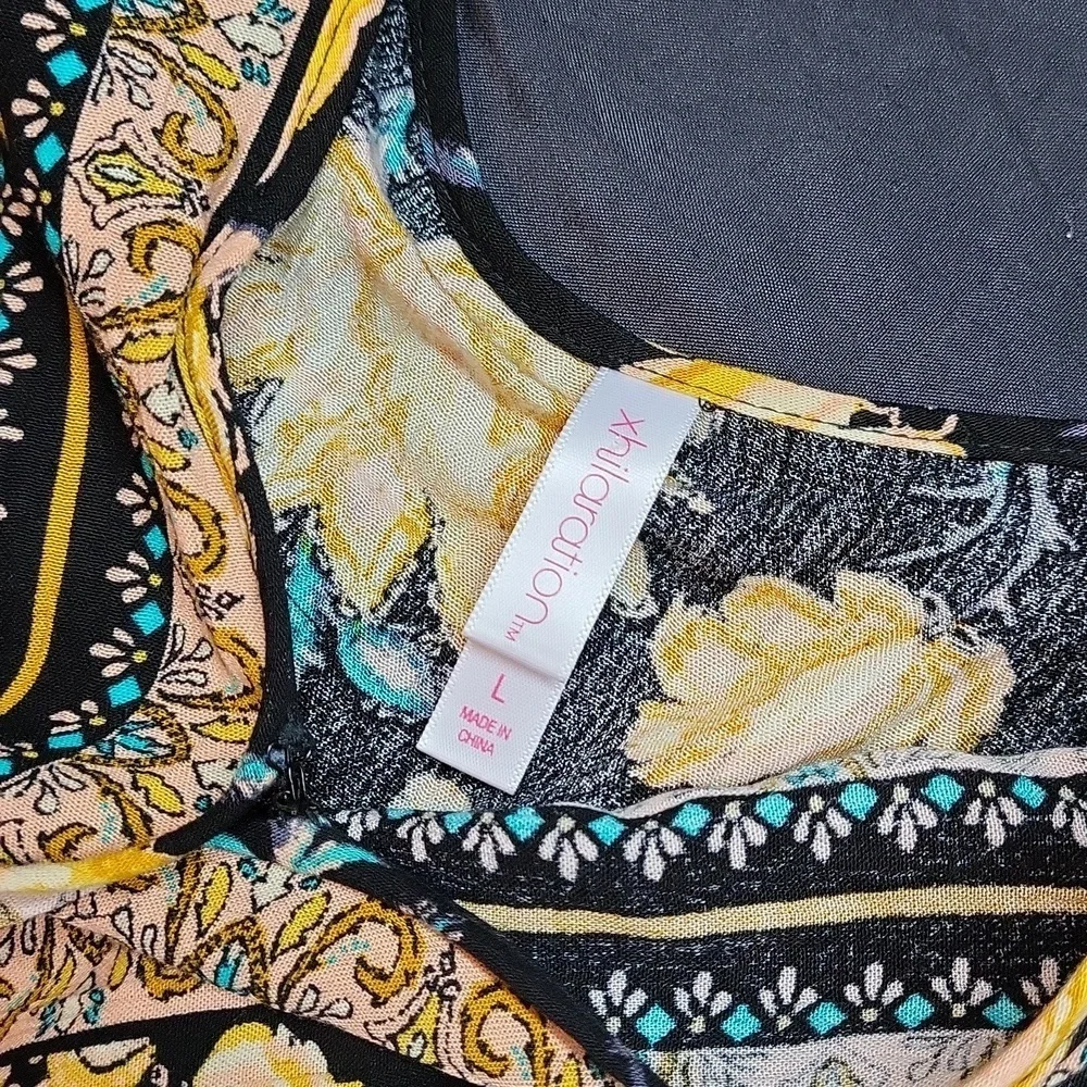 Xhilaration Cold Shoulder Yellow Black Floral V Neck Tassels Maxi Dress - Picture 8 of 12